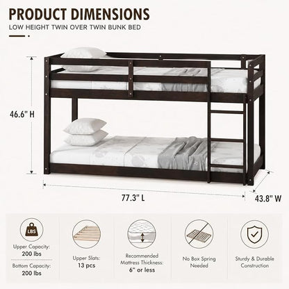 Twin Over Twin Bunk Bed, Low Profile Wooden Frame for Kids Bedroom, Floor Bunk with Ladder and Guardrails, Rubber Wood Construction, 13 Plywood Slats, No Box Spring Needed (Espresso)