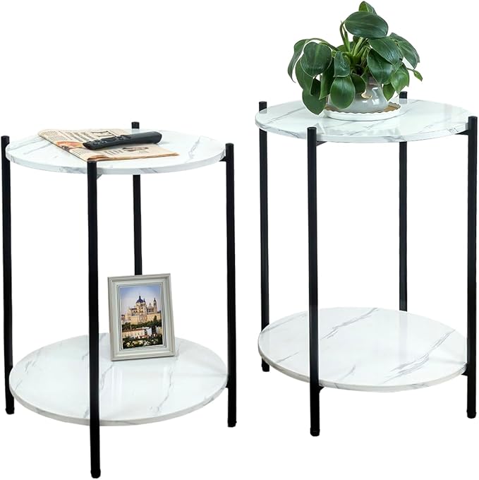 Small Round Side Table Set of 2, Black End Table with Faux Marble Top | Modern Sofa Table for Small Spaces, Living Room Furniture, Couch Side Stand, Bedroom Nightstand