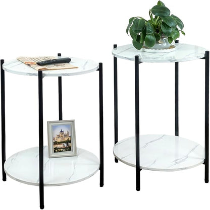Small Round Side Table Set of 2, Black End Table with Faux Marble Top | Modern Sofa Table for Small Spaces, Living Room Furniture, Couch Side Stand, Bedroom Nightstand