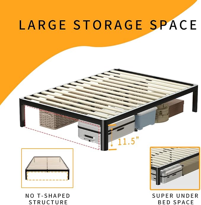 MAF 14 Inch Queen Platform Bed Frames with Wooden Slats, Black 3500 Lbs Heavy Duty Metal Bed Frame with Anti-Collision Round Legs, No Box Spring Needed, Easy Assembly