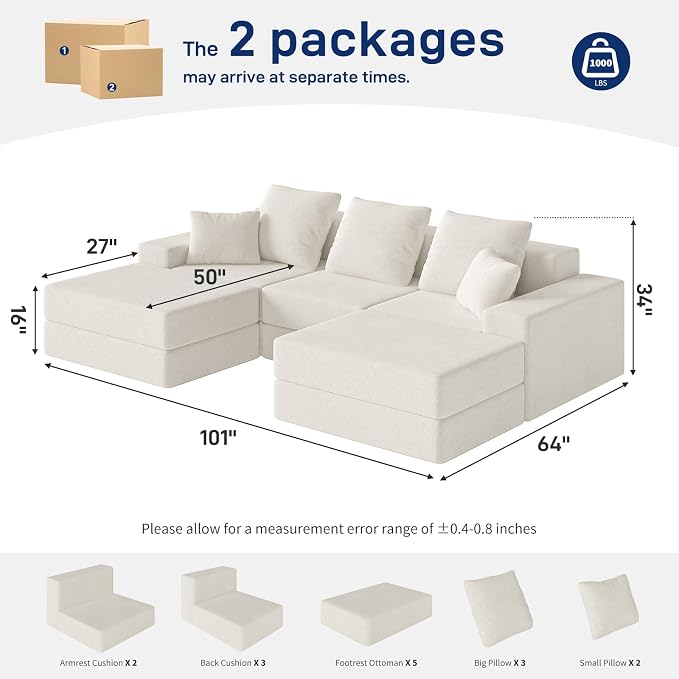 Living&Giving 101" U-Shaped Cloud Sectional Couch for Living Room, Cloud Boneless Couch-No Assembly with Reversible Chaise, Customizable 3-Seat Modular Sectional Sofa with 2 Ottoman, Beige
