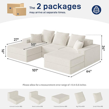 Living&Giving 101" U-Shaped Cloud Sectional Couch for Living Room, Cloud Boneless Couch-No Assembly with Reversible Chaise, Customizable 3-Seat Modular Sectional Sofa with 2 Ottoman, Beige