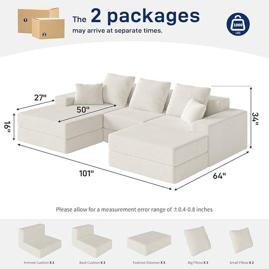 Living&Giving 101" U-Shaped Cloud Sectional Couch for Living Room, Cloud Boneless Couch-No Assembly with Reversible Chaise, Customizable 3-Seat Modular Sectional Sofa with 2 Ottoman, Beige