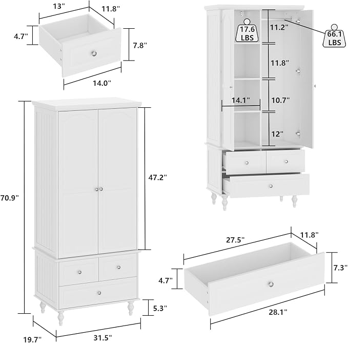 Bedroom Wardrobe Cabinet with 2 Doors, Wood Armoire Closet with Hanging Rod, Wardrobe Closet with 3 Drawers & Multi-Shelves for Clothes Organize, White (19.7" D x 31.5" W x 70.9" H)