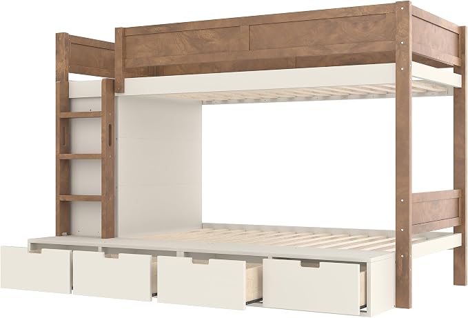 Bellemave Twin Over Twin Bunk Bed with Storage Drawers,Solid Wood Bunk Bed with Built-in Wardrobe,Storage Shelf and Safety Guardrails for Kids Girls Boys,Beige & Natural