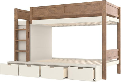 Bellemave Twin Over Twin Bunk Bed with Storage Drawers,Solid Wood Bunk Bed with Built-in Wardrobe,Storage Shelf and Safety Guardrails for Kids Girls Boys,Beige & Natural
