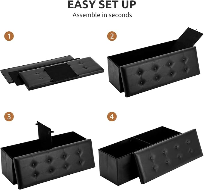YOUDENOVA Folding Storage Ottoman, Faux Leather Ottoman Bench Footrest Ottoman, Storage Chest Padded Seat for Bedroom and Living Room, Black,15" D x 43" W x 15" H