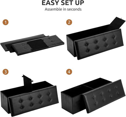 YOUDENOVA Folding Storage Ottoman, Faux Leather Ottoman Bench Footrest Ottoman, Storage Chest Padded Seat for Bedroom and Living Room, Black,15" D x 43" W x 15" H