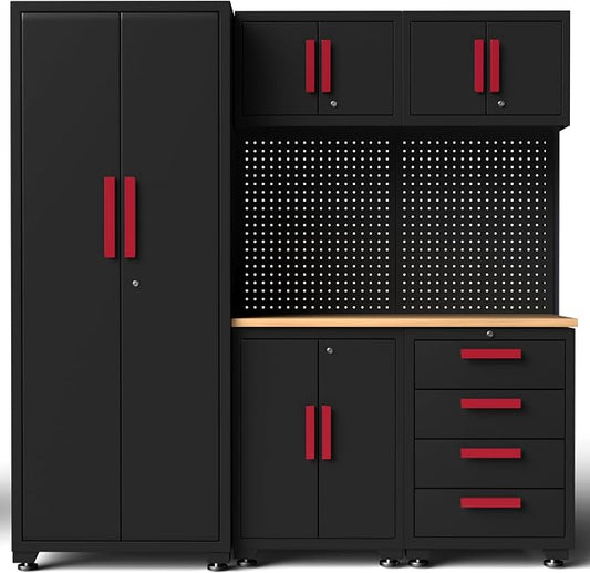 Garage Storage Cabinet System, 6-Pcs Garage Cabinets and Storage System Corner Workshop Set with Corner Cabinet, Cabinet Drawers, Workbench, Pegboard for Tool Organization, Black and Red