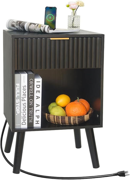Fultyle Fluted Black Nightstand with Charging Station, Mid Century Modern Bedside Table with Drawers and Outlet, Side Tables Living Room, Wooden Night Stand for Bedroom, Office (Black)