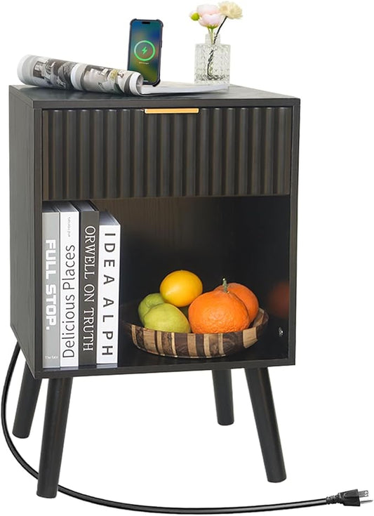 Fultyle Fluted Black Nightstand with Charging Station, Mid Century Modern Bedside Table with Drawers and Outlet, Side Tables Living Room, Wooden Night Stand for Bedroom, Office (Black)
