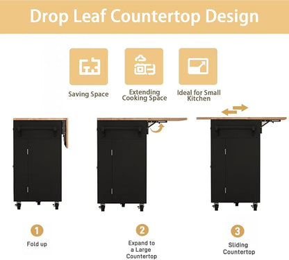 67 Kitchen Island Cart with Drop Leaf Breakfast Bar, Rolling Mobile Kitchen Island Table on Wheels with Storage Cabinet, Drawer, Spice/Towel Rack, Black
