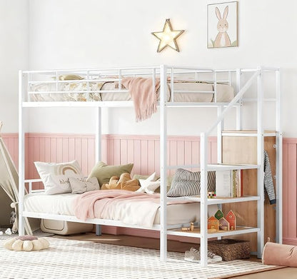 Bellemave Bunk Bed Twin Over Twin，Metal Bunk Bed with Storage Stairs and Wardrobe, Bunk beds for Adults/Kids/Teens, White