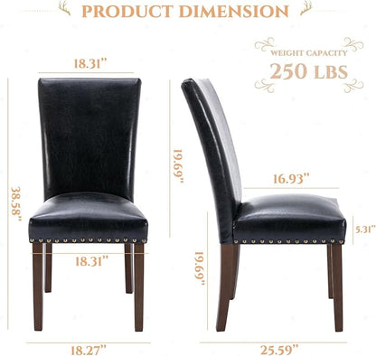 Parsons Dining Chairs Set of 4, Upholstered Nailhead PU Leather Dining Room Kitchen Side Chair with Thick Cushions and Wood Legs, Black
