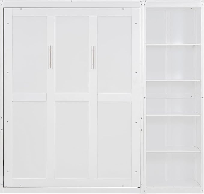 Merax Space-Saving White Murphy Bed Full Size with Adjustable Storage Shelves, Multifunctional Foldable Wall Bed for Small Spaces Studio Study Office Guest Room