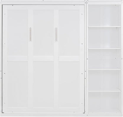 Merax Space-Saving White Murphy Bed Full Size with Adjustable Storage Shelves, Multifunctional Foldable Wall Bed for Small Spaces Studio Study Office Guest Room