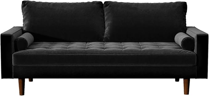 Container Furniture Direct Womble Mid Century Modern Velvet Upholstered Tufted Seat with Bolster Pillows, Sofa, Midnight