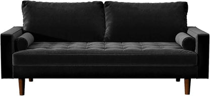 Container Furniture Direct Womble Mid Century Modern Velvet Upholstered Tufted Seat with Bolster Pillows, Sofa, Midnight