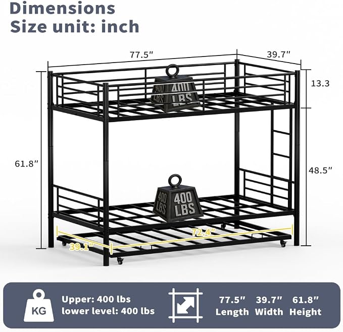 Metal Triple Bunk Bed, Twin Over Twins with Trundle, Heavy Duty Beds Frame with Ladder and Safety Rails for Small Bedroom, Space-Saving Noise Free (Black)