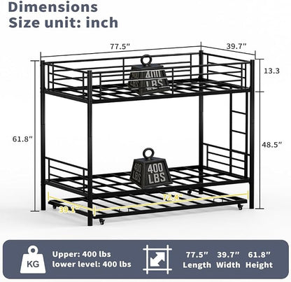 Metal Triple Bunk Bed, Twin Over Twins with Trundle, Heavy Duty Beds Frame with Ladder and Safety Rails for Small Bedroom, Space-Saving Noise Free (Black)