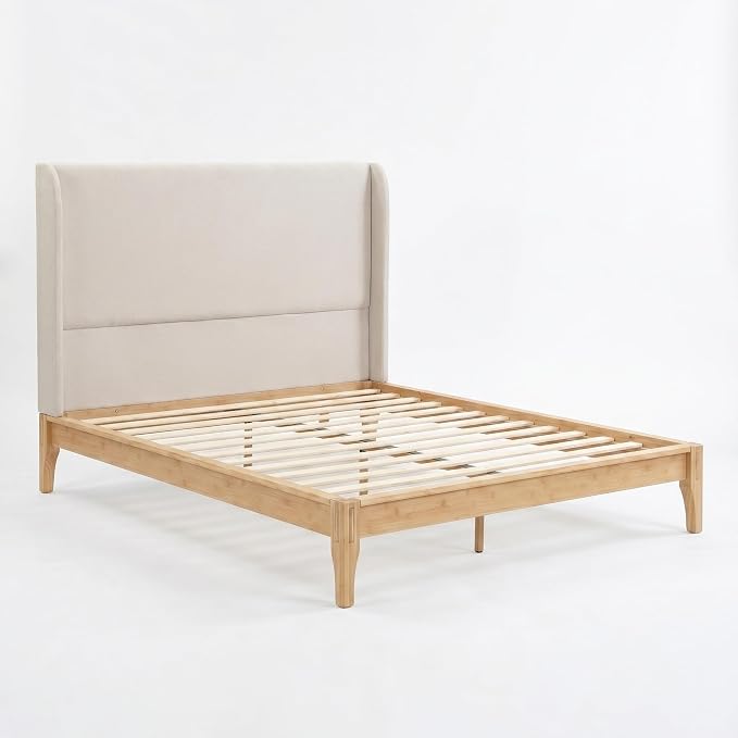 Merax Bamboo Wood 12 Inch Platform Bed with 48" Upholstered High Headboard | Queen Size Bed Frame with Wood Slat Support, No Box Spring Needed, Easy Tool-Free Assembly, Beige+ Natural
