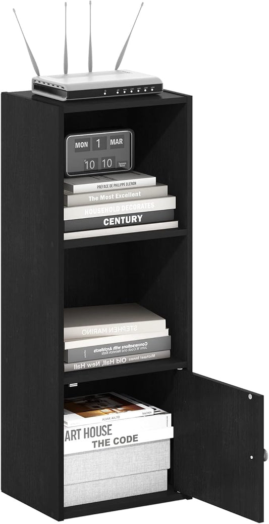 Furinno LUDER Book Shelf, 3-Tier Modern Bookshelf, Bookcase with 1 Door Storage Cabinet, 9.3 x 12 x 31.5, for Organization and Storage, for Living Room, Bedroom, Home Office, Blackwood