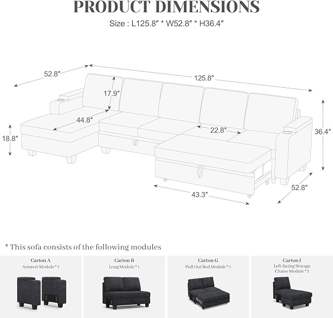 Belffin Modular Sectional Sleeper Sofa Bed with Storage Chaise L Shaped Sectional Couches for Living Room Armrest with Cup Holder. Dark Grey Couch