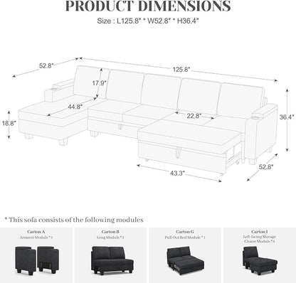 Belffin Modular Sectional Sleeper Sofa Bed with Storage Chaise L Shaped Sectional Couches for Living Room Armrest with Cup Holder. Dark Grey Couch