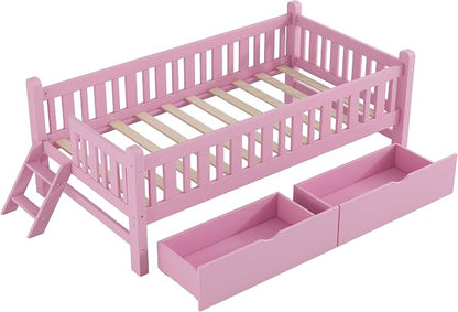 Merax Wood Twin Size Platform Bed with Guardrail and 2 Drawers, Kids Bed Frame with Stairs, Pink
