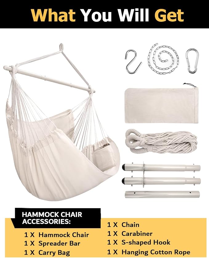 ADVOKAIR Hammock Chair Large 70.9"x47.2", 32% Bigger XXL Hanging Swing Chair with 500lbs Capacity, Heavy Duty Steel Spreader Bar, Extra Roomy Comfort for Adult Indoor Outdoor Bedroom Patio