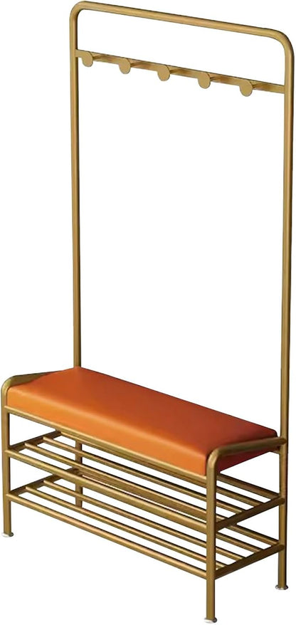 Narrow Hall Tree Storage Bench for Entryway, Coat Rack Shoe Bench Metal, Freestanding Coat Tree with Storage Shelf and Hooks, Entryway Bench with Shoe Storag(Orange-80 x 29 x 173 cm
