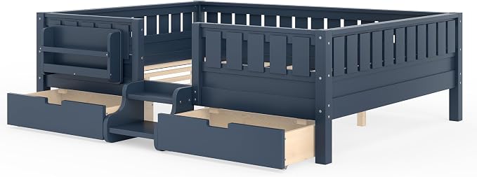 Bellemave Queen Bed with Storage Drawers & Bookshelf, Low Profile Kids Bed Frame with Staircase & Full Length Guardrails, Solid Wood Queen Bed for Kids with Slats Load 550LBS, Easy Assembly, Blue