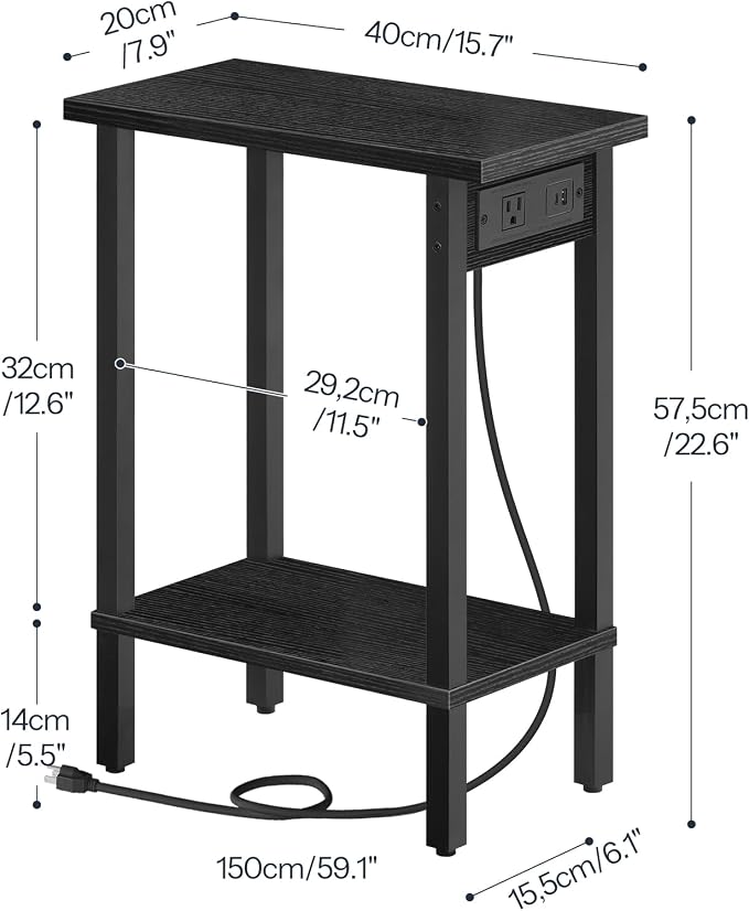 HOOBRO Small End Table with Charging Station, Narrow Side Table with USB Port and Outlets, Skinny Sofa Table, Slim Nightstand, Living Room, Bedroom, Black BK240UBZ01