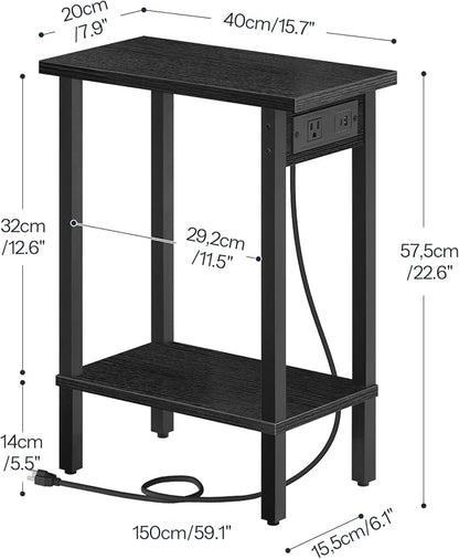 HOOBRO Small End Table with Charging Station, Narrow Side Table with USB Port and Outlets, Skinny Sofa Table, Slim Nightstand, Living Room, Bedroom, Black BK240UBZ01