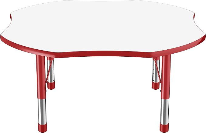 FDP Dry-Erase Clover Activity School and Classroom Kids Table (48 x 48 inch), Chunky Toddler Legs for Collaborative Spaces, Adjustable Height 15-24 inches - Whiteboard Top, Red Edge and Red Legs
