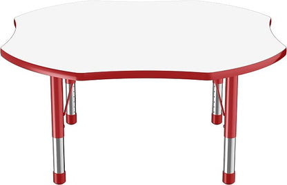 FDP Dry-Erase Clover Activity School and Classroom Kids Table (48 x 48 inch), Chunky Toddler Legs for Collaborative Spaces, Adjustable Height 15-24 inches - Whiteboard Top, Red Edge and Red Legs