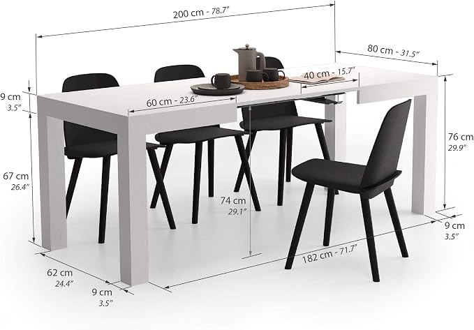 Mobili Fiver, First Extendable Table, 47.2(78.7) x31.5 in, Ashwood White, for 6-8 People, Expandable Dining Table for Kitchen, Living Room, Italian Furniture