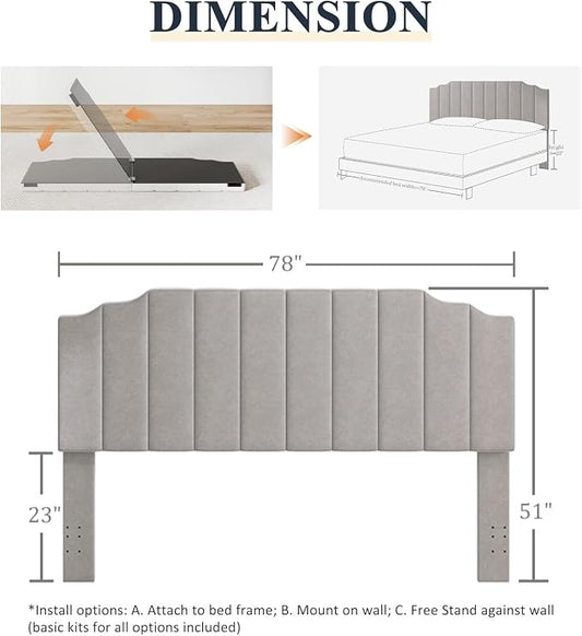 Befurtori King Size Headboard Only, Velvet Wall Mounted Headboard King for Adjustable Bed Modern Upholstered Head Board Easy Assembly, Gray