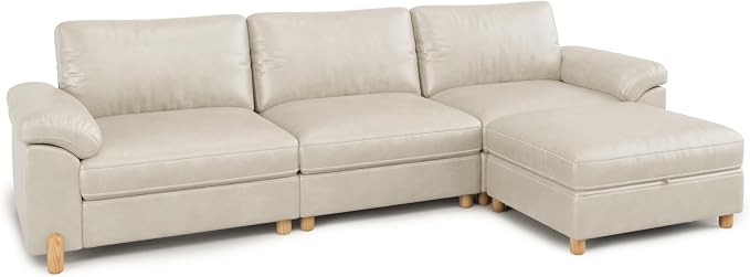 SITJOY Large Cloud Couch, 118" Wide 3 Seater L Shape, Faux Leather in White | Pet-Friendly Scratch-Resistant Leather Sectional Sofas for Living Room, Deep Seat Wide Couch with Chaise, Storage Ottoman