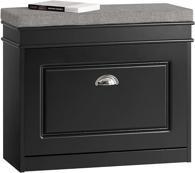 Haotian Black Hallway Shoe Bench, Narrow Shoe Rack Entryway, Small Shoe Cabinet with Flip-Drawer and Seat Cushion, FSR82-K-SCH