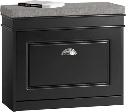 Haotian Black Hallway Shoe Bench, Narrow Shoe Rack Entryway, Small Shoe Cabinet with Flip-Drawer and Seat Cushion, FSR82-K-SCH
