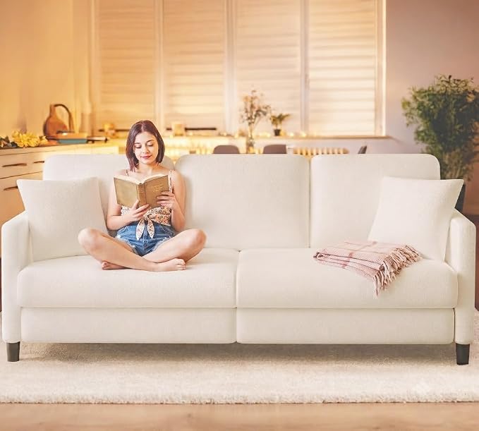Welzona 83" Couches for Living Room, Teddy Sofa Couch, Comfy Sofas for Living Room, Tool-Free Setup Loveseat Sofa, All-Wood Love Seat Couches, Small Couch 2 Pillows Included, Beige White
