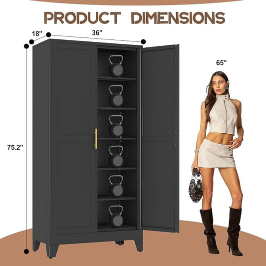 winiowa Tall Metal Kitchen Pantry Storage Cabinet with 2 Doors and 5 Adjustable Shelves - 75.2" Kitchen Cabinet with Gold Handles for Kitchen, Bathroom, Dining Room, Living Room - Black
