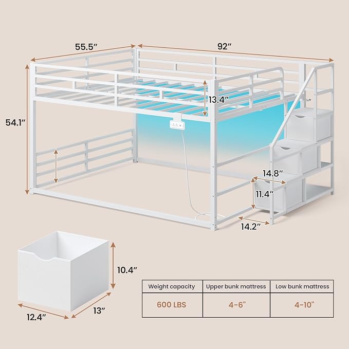 ADORNEVE Low Bunk Bed Full Over Full with Stairs, 3 Storage Drawers & Power Outlet, Full Size Metal Floor Bunk with RGB Lights & Shelves, Space-Saving Kids Bed, White