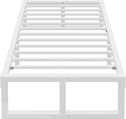 Twin Bed Frames, 14 Inch Metal Platform Bed Frame with Squeak Free U-Slot Design, 6 Non-Slip Guards, 3500lbs Heavy Duty Steel Slat Support, No Box Spring Needed, Under Bed Storage, White