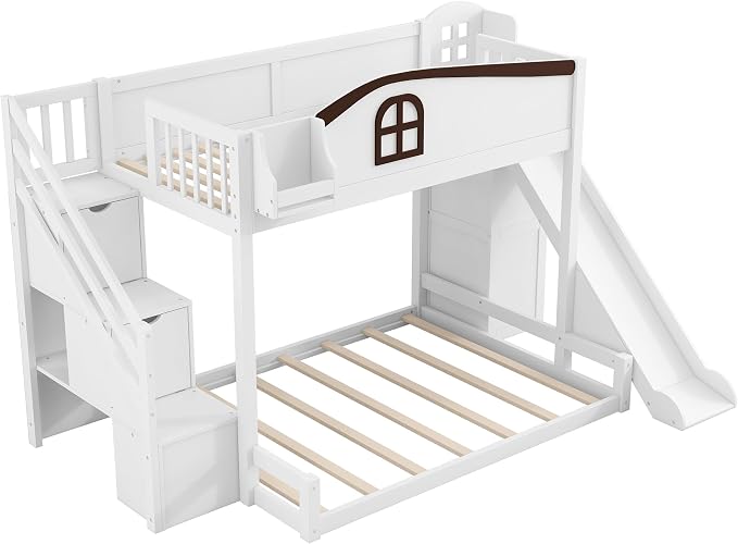 RUNNA Twin Over Full Bunk Bed with Slide,Storage Stairs,Shelf | Twin over full bunk bed with slide, storage stairs, overhead shelf, solid wood, guardrails, no box spring needed
