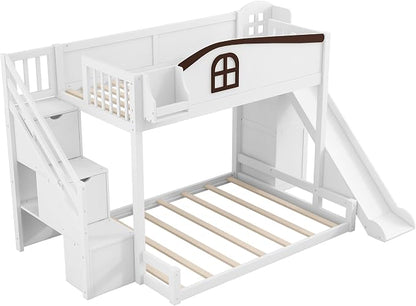 RUNNA Twin Over Full Bunk Bed with Slide,Storage Stairs,Shelf | Twin over full bunk bed with slide, storage stairs, overhead shelf, solid wood, guardrails, no box spring needed