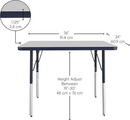FDP Rectangle Activity School and Office Table (24 x 36 inch), Standard Legs with Swivel Glides, Adjustable Height 19-30 inches Quick Ship Single Box - Gray Top and Navy Edge
