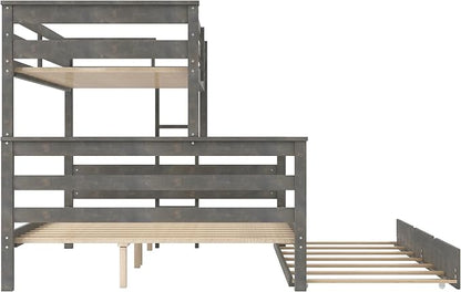 Merax Twin XL Over Queen Bunk Bed Wood Detachable Bunk Bed with Trundle & Ladder, Multifunction Bunk Bed,Can be Separated into 3 Beds, No Box Spring Needed,Space Saving,Gray