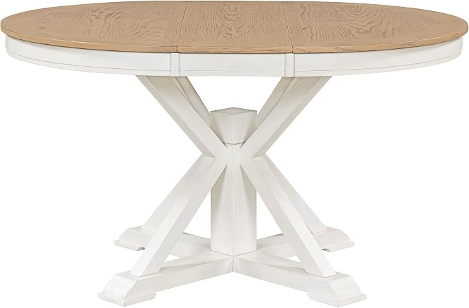 LUMISOL 42"-54" Extendable Round Dining Table for 4-6, Farmhouse Round to Oval Kitchen Table with 12" Removable Leaf and Pedestal Base for Dining Room, Living Room, Oak Natural Wood+Off White